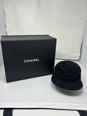 CHANEL Black Tweed Logo News/Baker Boy Style: lightly Worn with Box: rare large